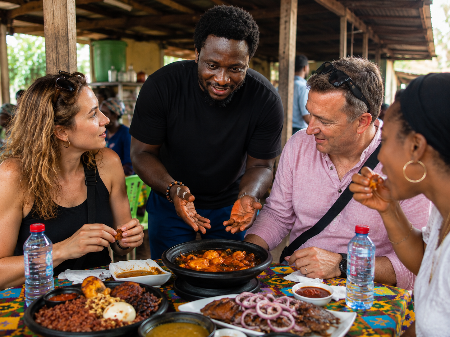 Kofi Culture food tour guests trying traditional Ghanaian food in Accra
